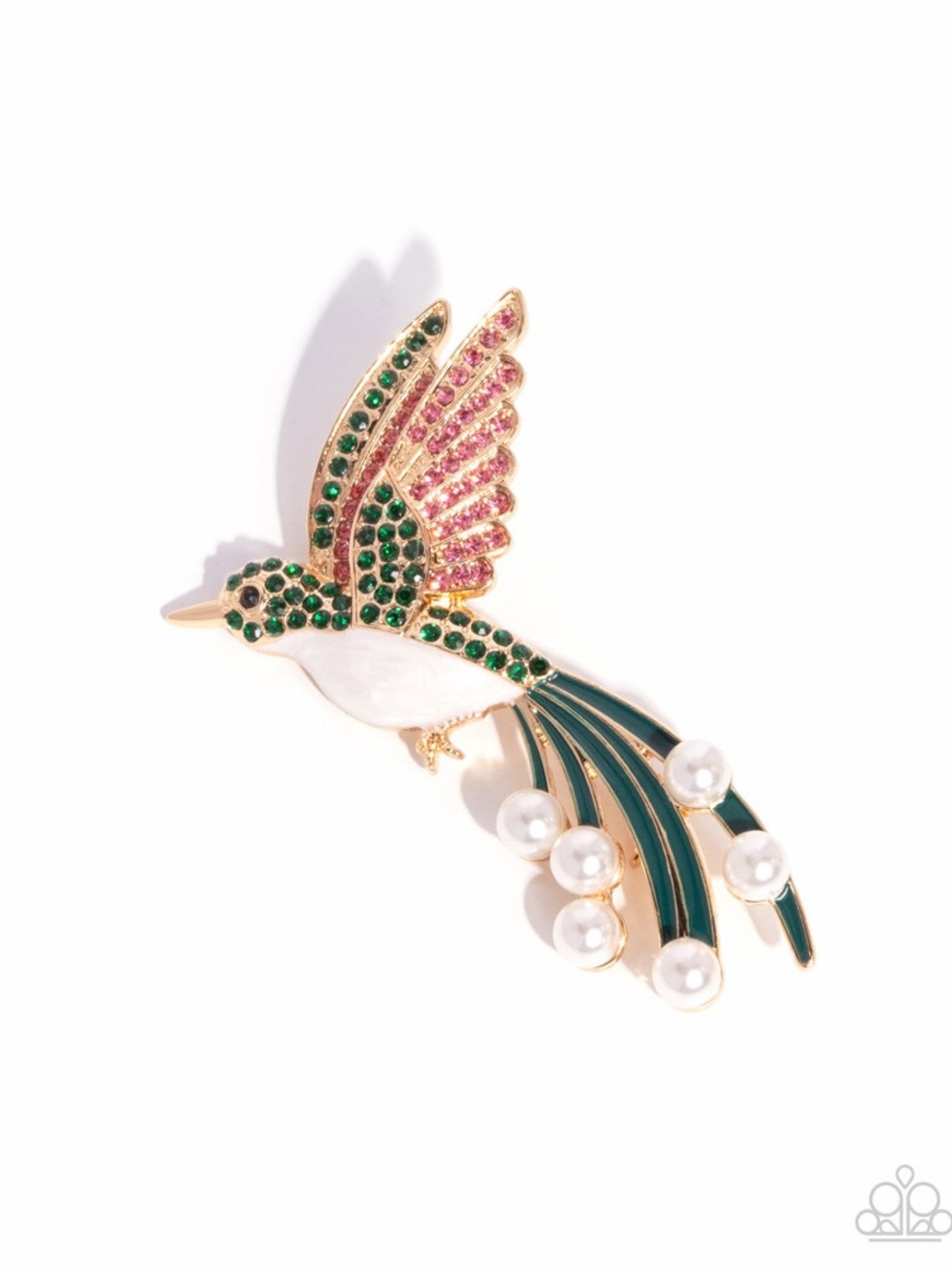 paparazzi Gold-tone Green, Pink & White Bird Brooch